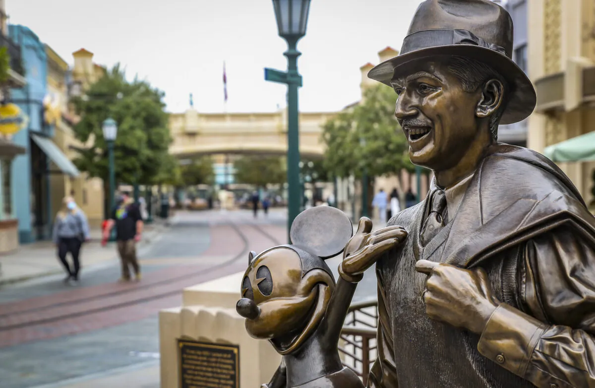 A statue of Walt Disney in Anaheim, Calif., on Feb. 21, 2021. (John Fredricks/The Epoch Times)