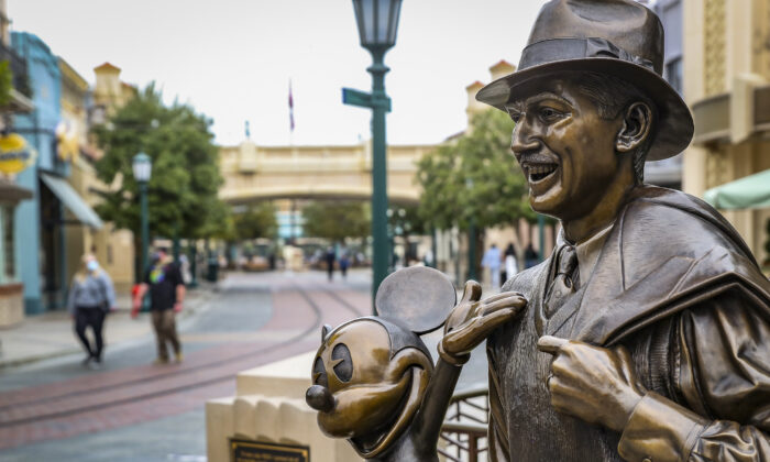 A statue of Walt Disney in Anaheim, Calif., on Feb. 21, 2021. (John Fredricks/The Epoch Times)