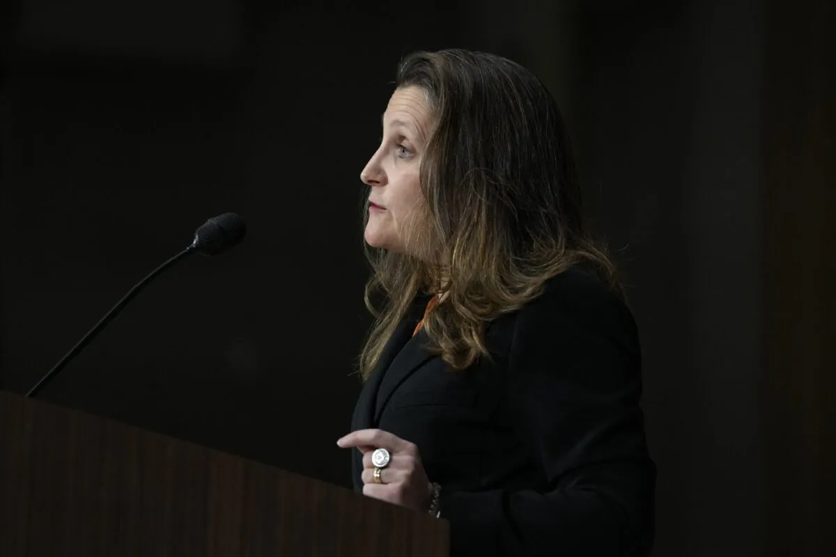 Deputy Prime Minister and Minister of Finance Chrystia Freeland speaks during a media availability on the situation in Ukraine, in Ottawa, on Feb. 22, 2022. (The Canadian Press/Justin Tang)