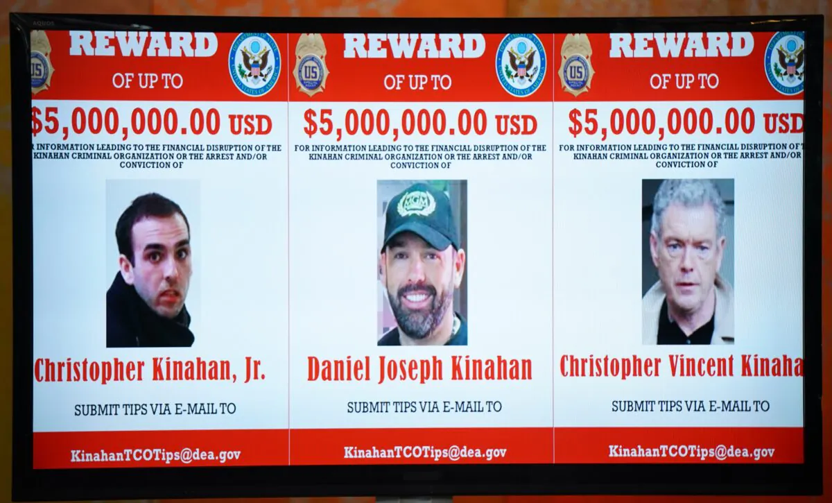 Wanted posters showing U.S. government's $5 million reward for arrest of Daniel Kinahan and associates are displayed at Dublin City Hall on Tuesday April 12, 2022 (Niall Carson/PA).