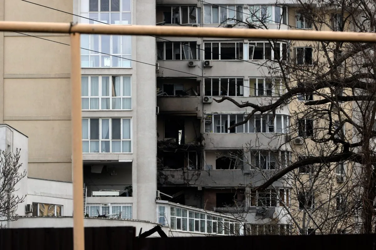 A damaged building after a reported missile strike in Odessa, southern Ukraine on April 23, 2022. (Oleksandr Gimanov/AFP via Getty Images)