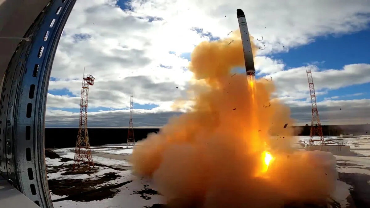 A Sarmat intercontinental ballistic missile is test-launched by the Russian military at the Plesetsk cosmodrome in Arkhangelsk region, Russia, in this still image taken from a video released on April 20, 2022. (Russian Defence Ministry/Handout via Reuters)