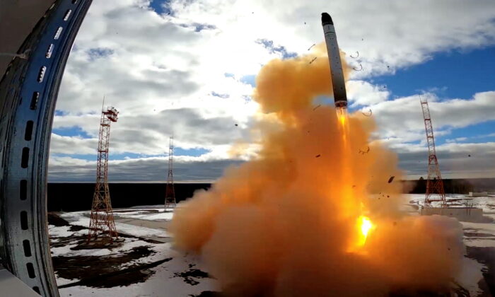 A Sarmat intercontinental ballistic missile is test-launched by the Russian military at the Plesetsk cosmodrome in Arkhangelsk region, Russia, in this still image taken from a video released on April 20, 2022. (Russian Defence Ministry/Handout via Reuters)