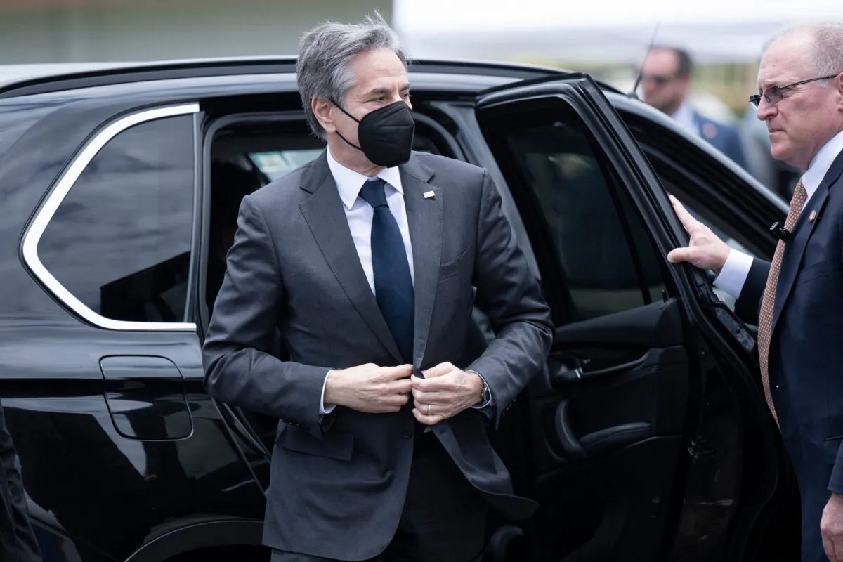 U.S. Secretary of State Antony Blinken at the Panama Pacifico Airport in Panama City, on April 20, 2022. (Brendan Smialowski/Pool/AFP via Getty Images)