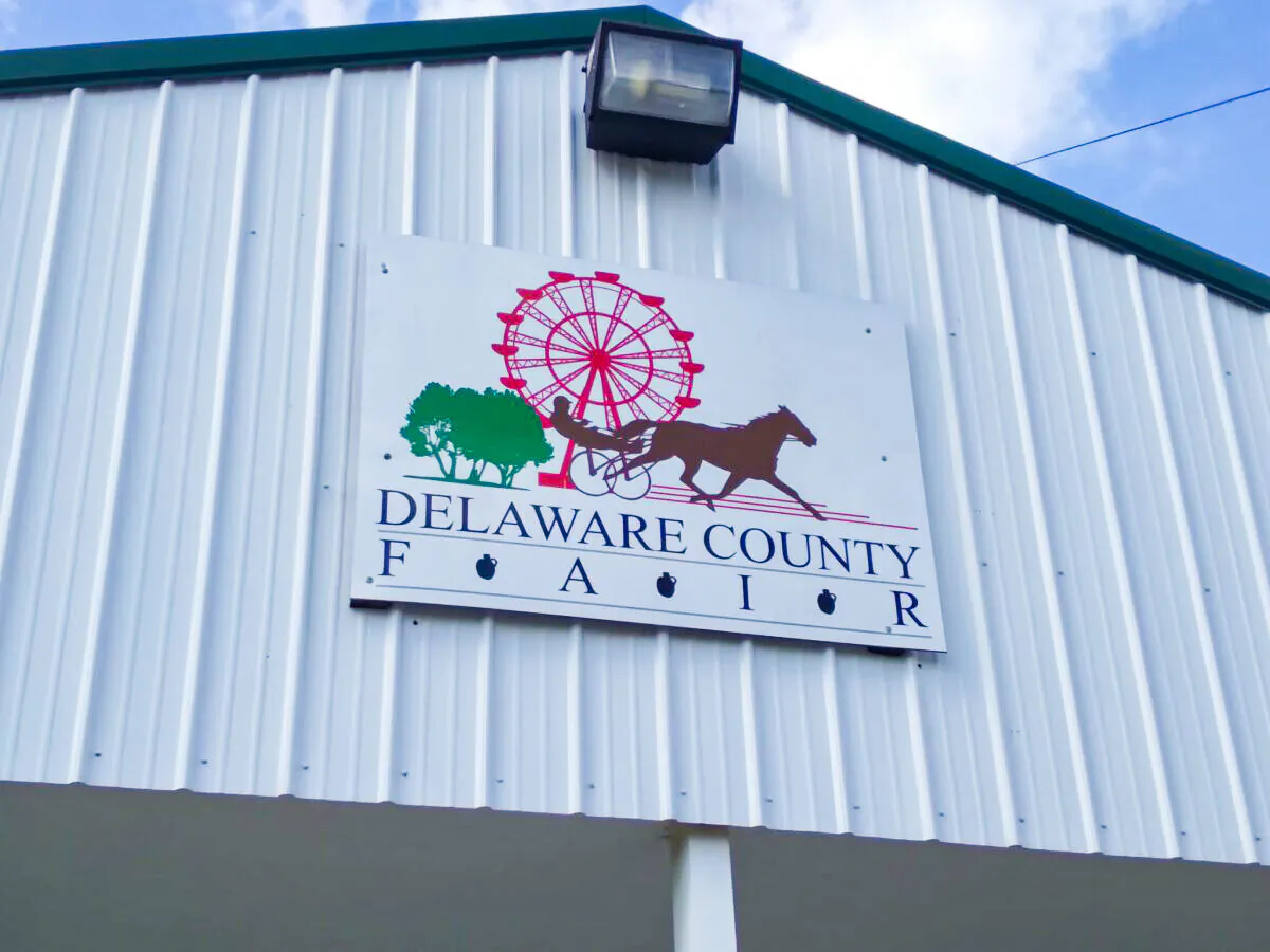 Final details are being put in place at the Delaware County Fairgrounds in Ohio where former President Donald Trump will be speaking at 7 p.m. on April 23. Delaware County, which is near Columbus, is the home of the Little Brown Jug, one of harness horse racing's top events held in September since 1946. (Michael Sakal/The Epoch Times)