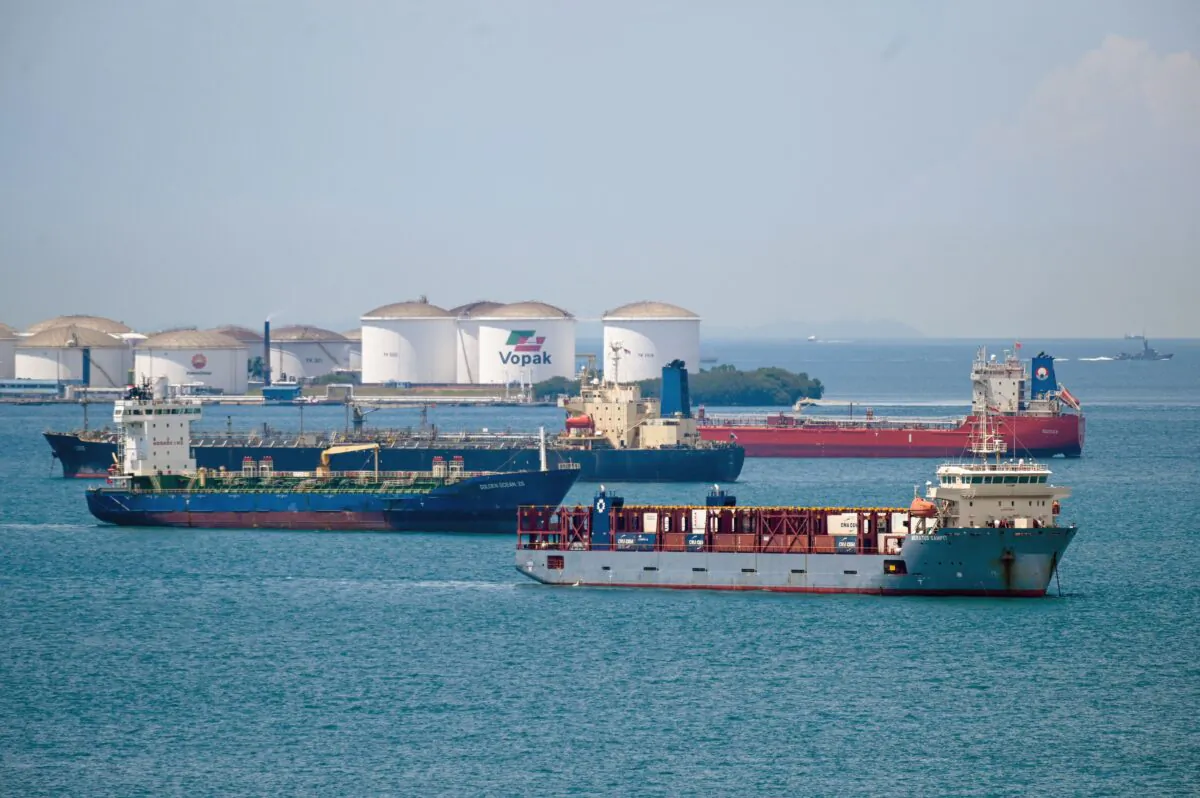 Oil tankers parked at the Western anchorage off Singapore on March 17, 2022. (Roslan Rahman/AFP via Getty Images)