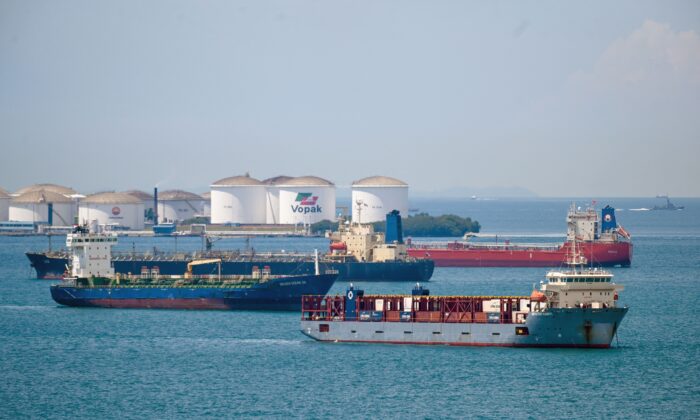 Oil tankers parked at the Western anchorage off Singapore on March 17, 2022. (Roslan Rahman/AFP via Getty Images)