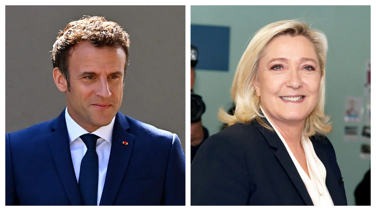 (Left) French President Emmanuel Macron leaves his house to go vote, in Le Touquet-Paris-Plage, France, on April 24, 2022. (Right) French National Rally candidate Marine Le Pen casts her ballot for the 2nd round of the presidential election in Henin-Beaumont, France, on April 24, 2022. (Aurelien Meunier, Sylvain Lefevre/Getty Images)