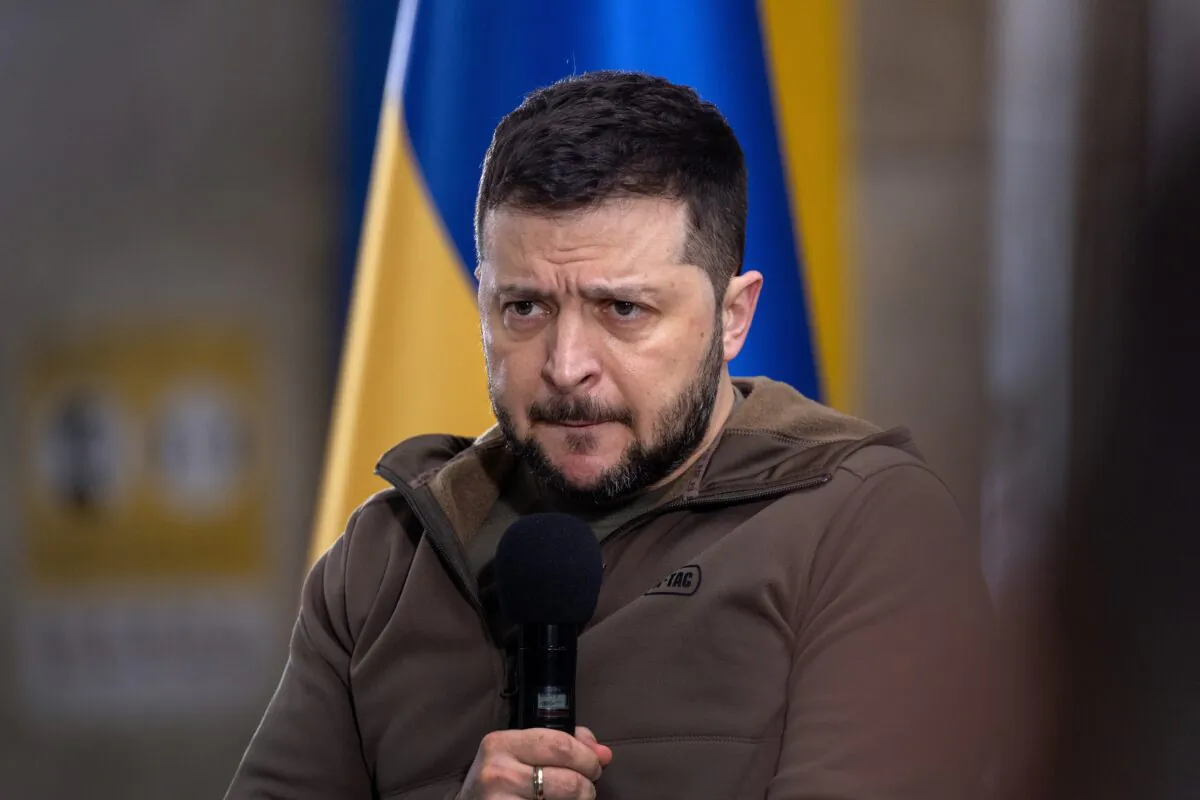 Ukrainian President Volodymyr Zelenskyy takes questions at a press conference in Kyiv, Ukraine, on April 23, 2022. (John Moore/Getty Images)
