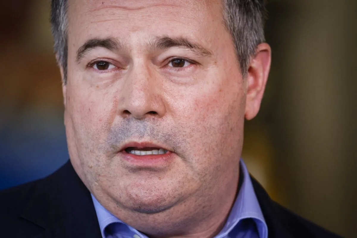Alberta Premier Jason Kenney provides details on sustainable helicopter air ambulance funding in Calgary, Alta., March 25, 2022. (The Canadian Press/Jeff McIntosh)