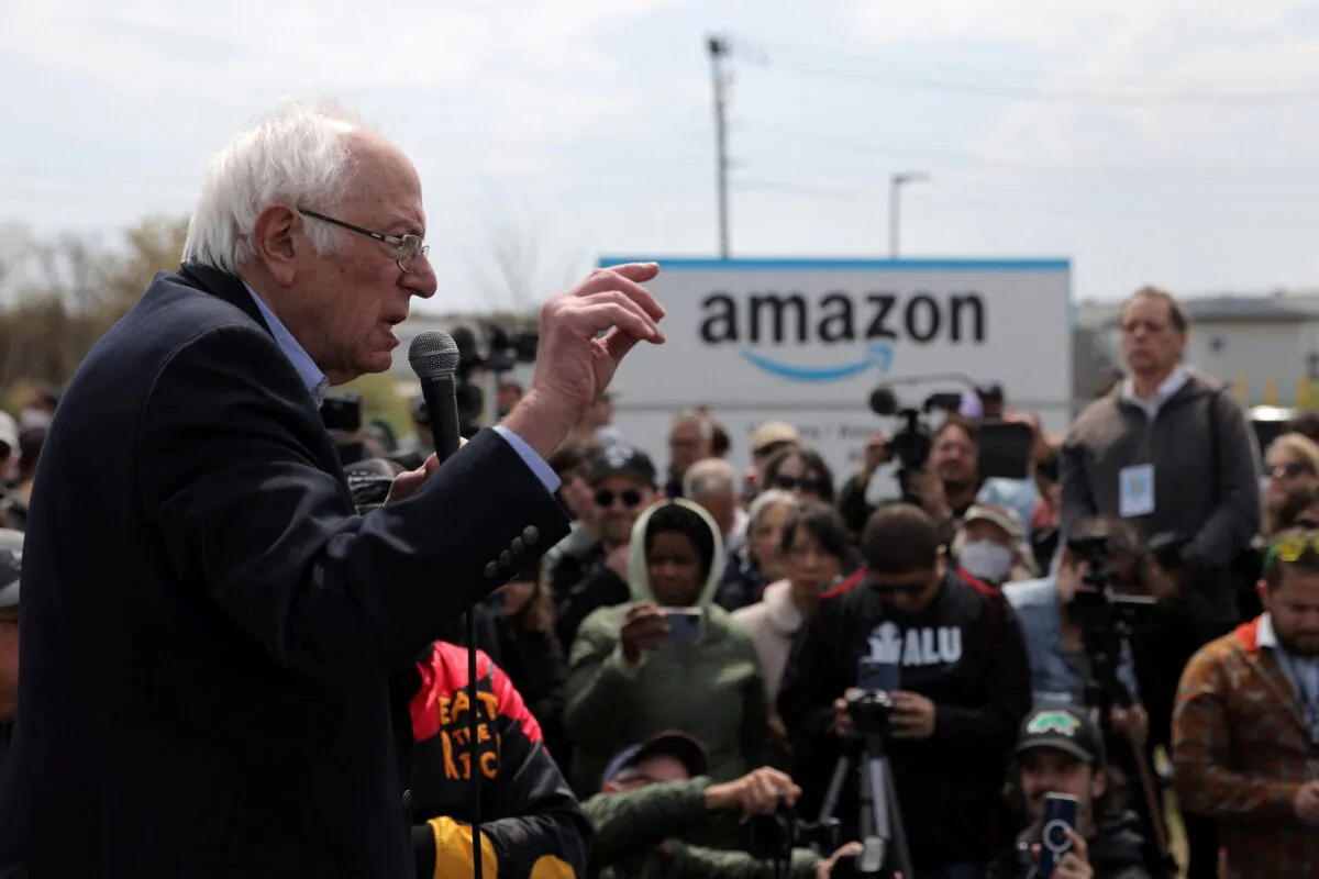 U.S. Sen. Bernie Sanders (I-Vt.) speaks during an Amazon Labour Union rally in Staten Island, New York, on April 24, 2022. (Andrew Kelly/Reuters)
