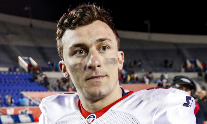 Johnny Manziel #2 of the Memphis Express looks on after the game against the Birmingham Iron at Liberty Bowl Memorial Stadium, in Memphis, on March 24, 2019. (Joe Robbins/AAF/Getty Images)