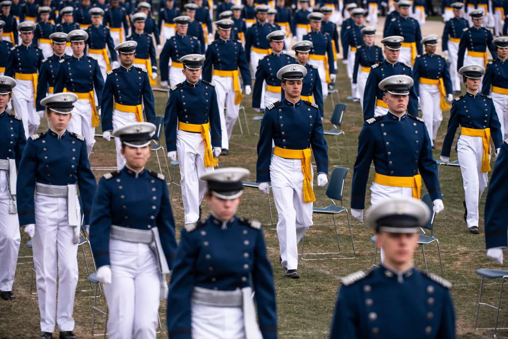 Air Force Academy cadets march into their graduation ceremony in Colorado Springs, Colo. on April 18, 2020. (Photo by Michael Ciaglo/Getty Images)