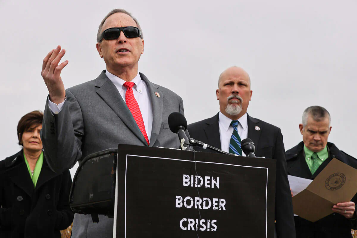 House Freedom Caucus Chairman Rep. Andy Biggs (R-AZ) (2nd L) speaks during a news conference with members of the group, including (L-R) Rep. Yvette Herrell (R-NM), Rep. Chip Roy (R-TX) and Rep. Matt Rosendale (R-MT), about immigration on the U.S.-Mexico border outside the U.S. Capitol on March 17, 2021 in Washington, DC. (Photo by Chip Somodevilla/Getty Images)