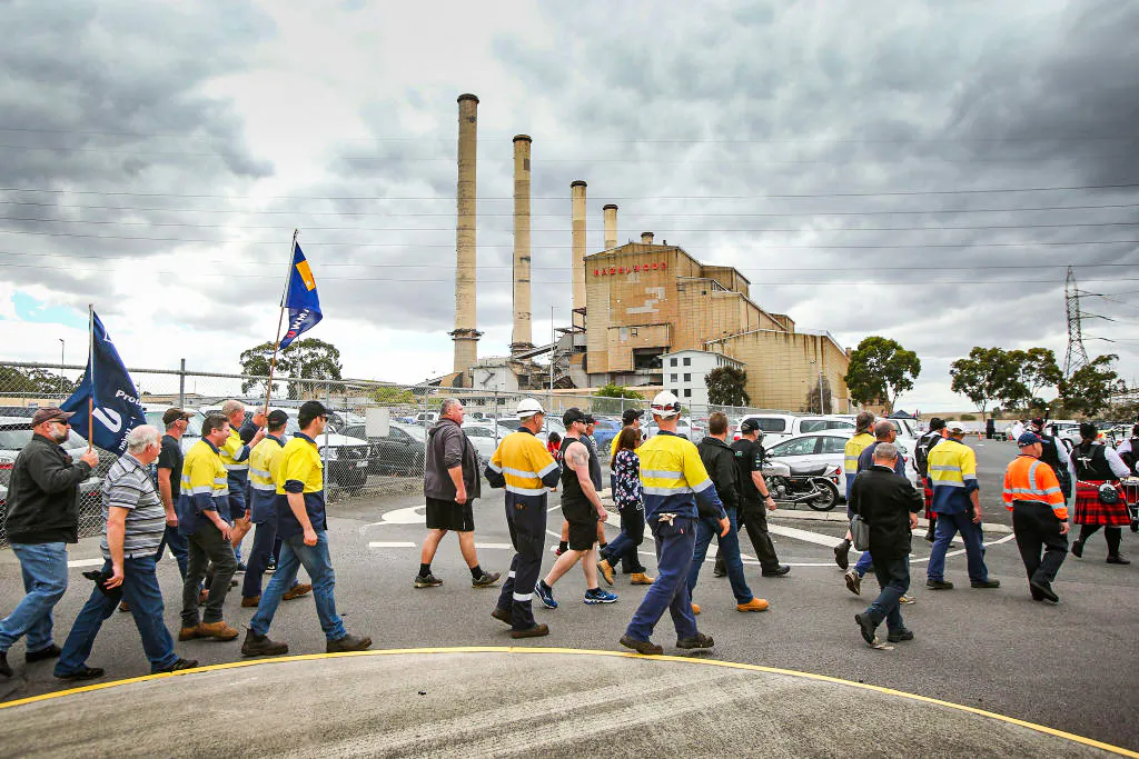 Workers leave Hazelwood Power Station after their final shift in Hazelwood, Australia on Mar. 31, 2017. (Scott Barbour/Getty Images)