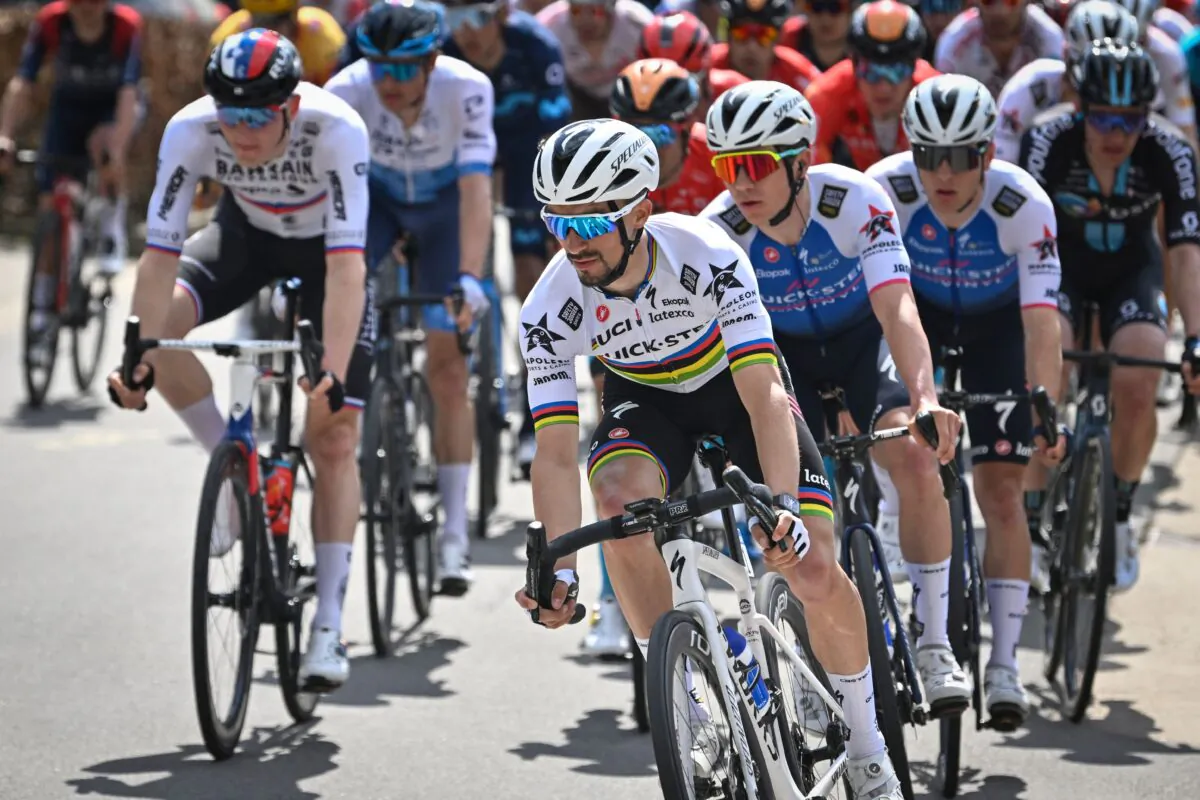 French Julian Alaphilippe (4th R) during the Liege-Bastogne-Liege one day cycling race in Liege, Belgium, on April 24, 2022. (Eric Lalmand/Belga Mag/AFP via Getty Images)
