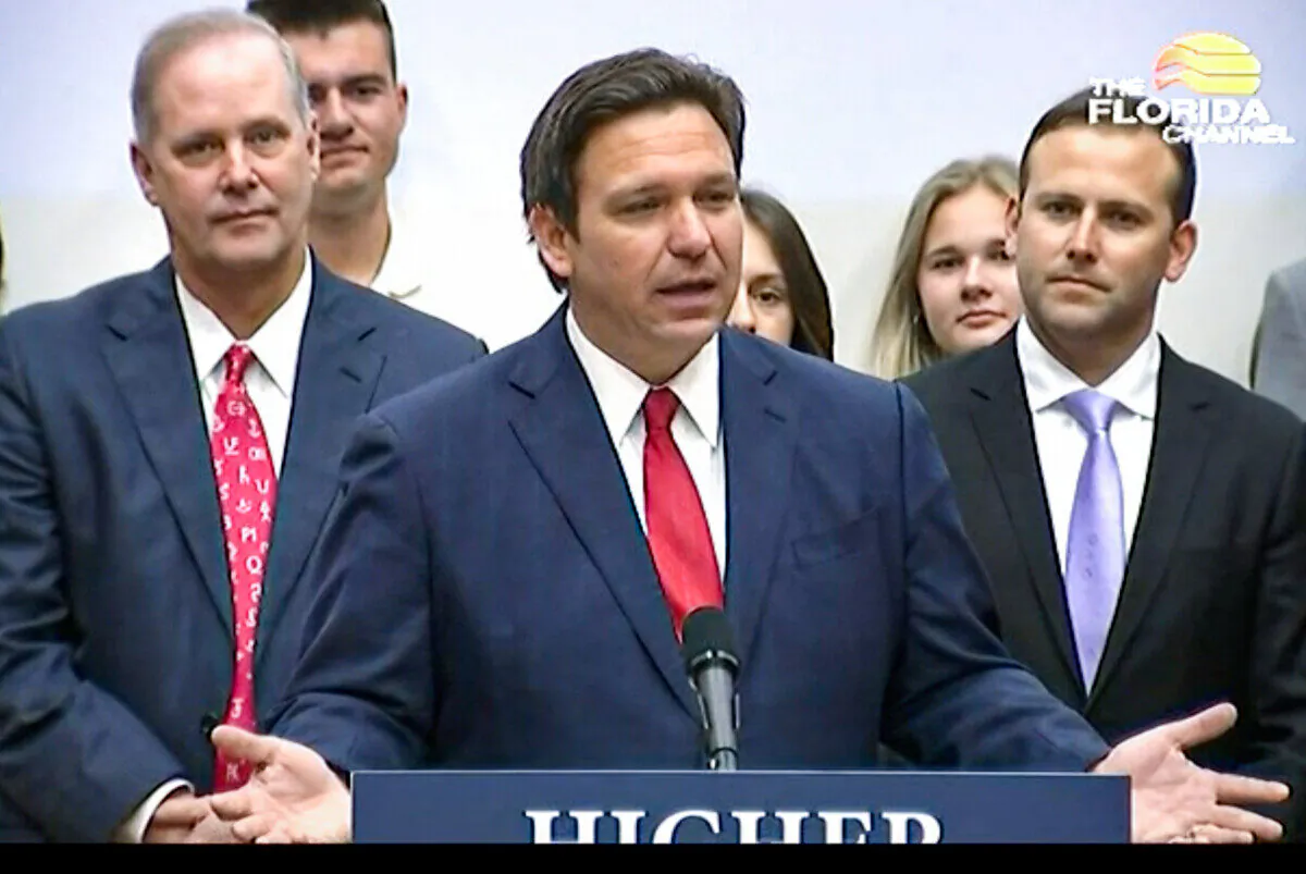 Florida Gov. Ron DeSantis holds press conference in The Villages and signs SB 7044 on April 19, 2022. (Screenshot, The Florida Channel)