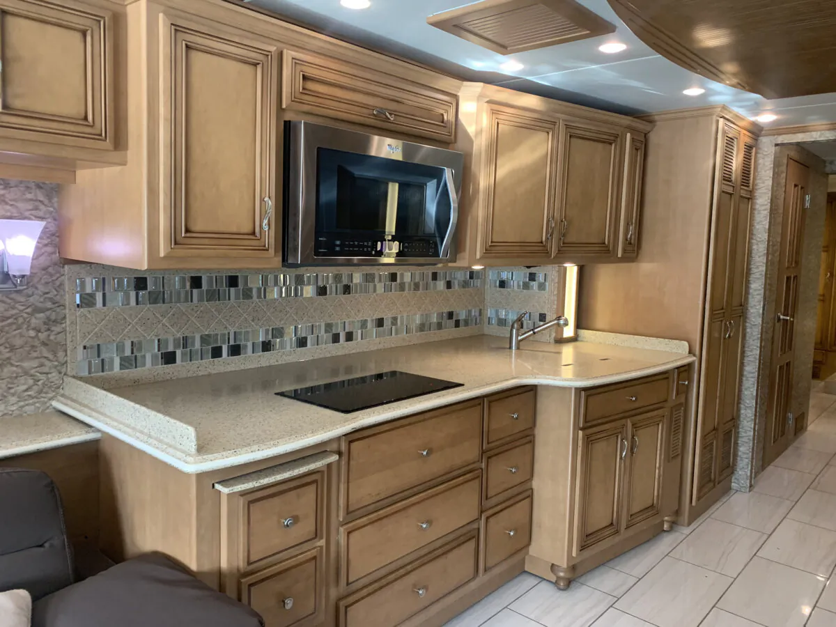 The galley of a Ventana model coach made by Newmar, whose parent company is Winnebago. (Susan Taylor Martin/Tampa Bay Times/TNS)