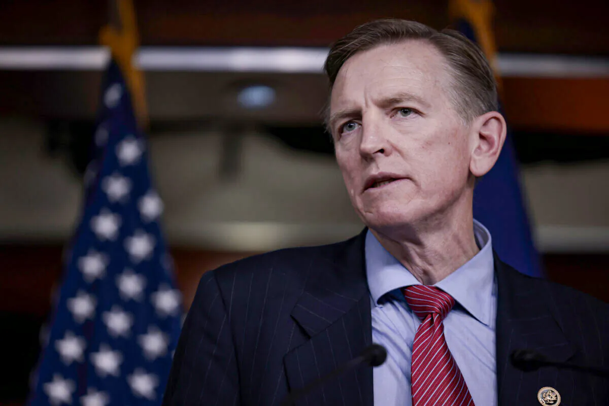 Rep. Paul Gosar (R-Ariz.) speaks to reporters in Washington on Dec. 7, 2021. (Anna Moneymaker/Getty Images)