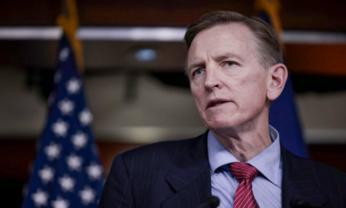 Rep. Paul Gosar (R-Ariz.) speaks to reporters in Washington on Dec. 7, 2021. (Anna Moneymaker/Getty Images)
