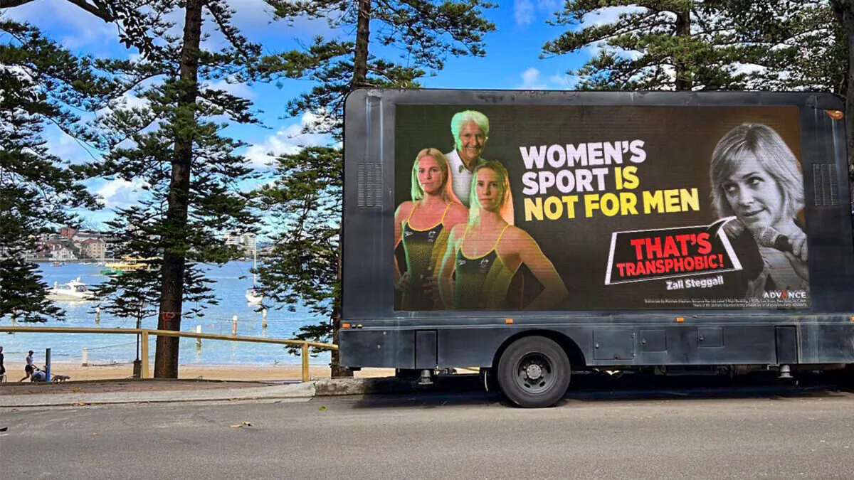 A truck advertisement that targets Independent MP Zali Steggall's view on transgender issues are seen in the Warringah electorate in Sydney, Australia on April 25, 2022. (Advance Australia/Facebook)