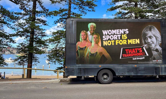 A truck advertisement that targets Independent MP Zali Steggall's view on transgender issues are seen in the Warringah electorate in Sydney, Australia on April 25, 2022. (Advance Australia/Facebook)