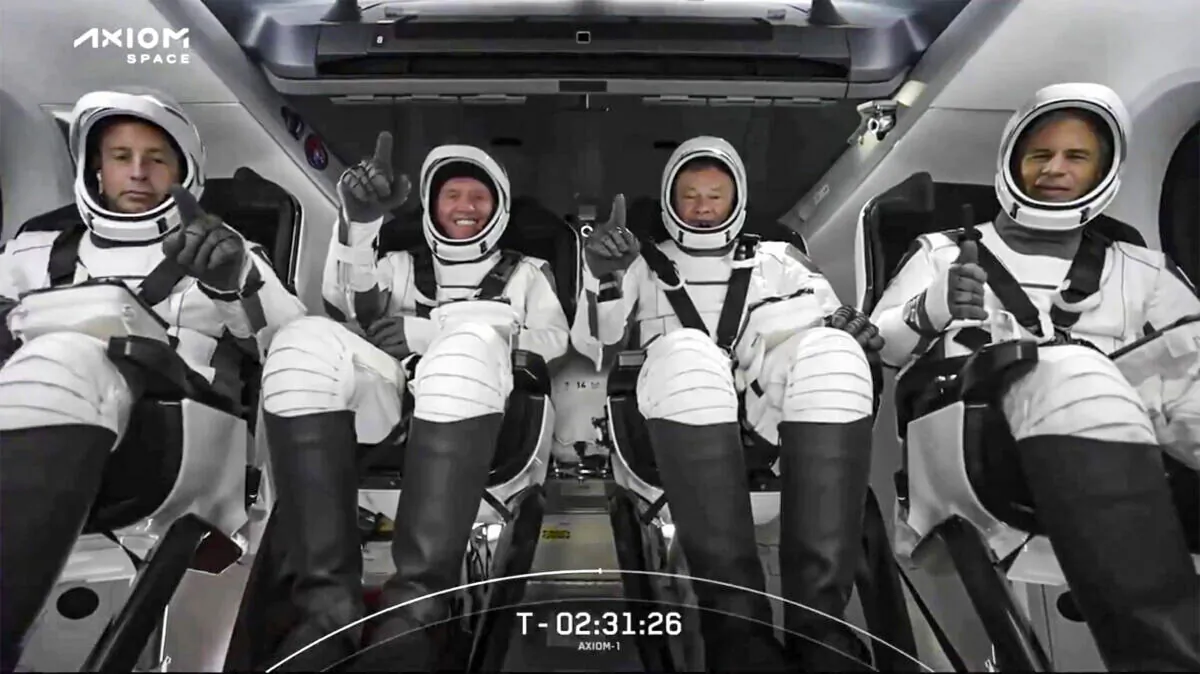 From left are Canadian private equity CEO Mark Pathy, American real estate tycoon Larry Connor; Michael Lopez-Alegria, an Axiom vice president who flew to space four times while a NASA astronaut, and Israeli investor Eytan Stibbe of Tel Aviv. The SpaceX crew seated in the Dragon spacecraft in Cape Canaveral, Fla., on April 8, 2022. (SpaceX via AP)