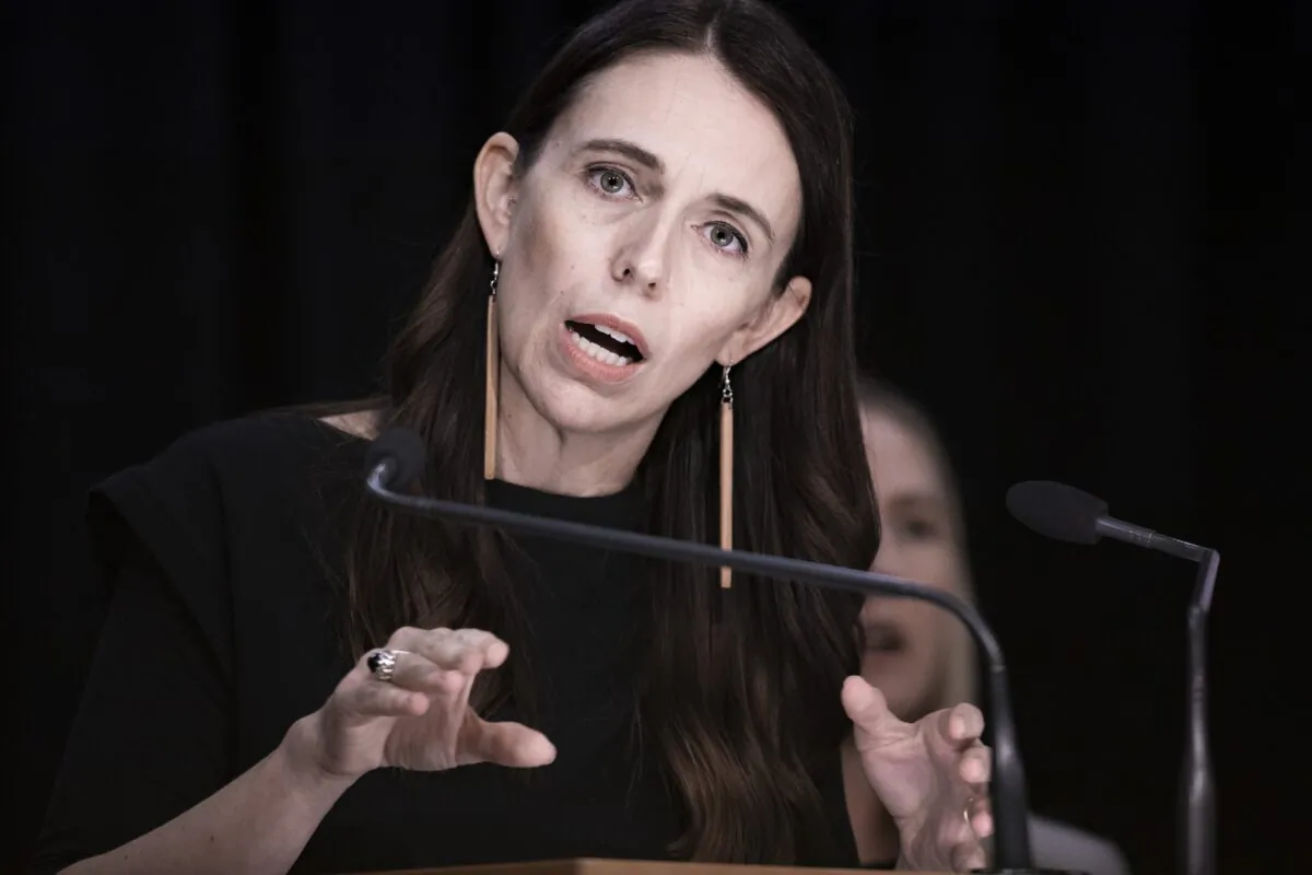 New Zealand Prime Minister Jacinda Ardern holds a post cabinet press conference in the Beehive theatrette at Parliament in Wellington, New Zealand, on Feb. 21, 2022. (AAP Image/Pool, Robert Kitchen)