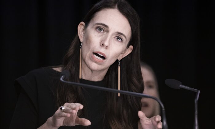 New Zealand Prime Minister Jacinda Ardern holds a post cabinet press conference in the Beehive theatrette at Parliament in Wellington, New Zealand, on Feb. 21, 2022. (AAP Image/Pool, Robert Kitchen)
