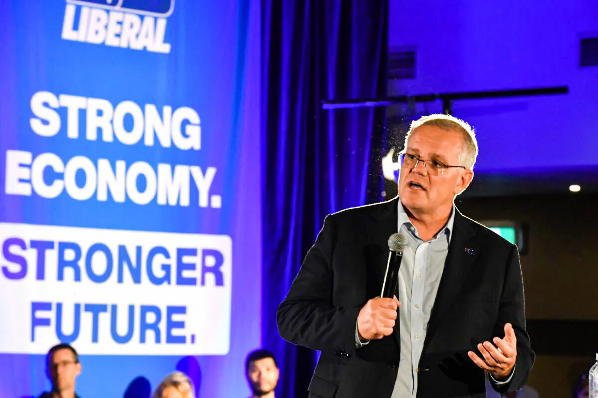 Prime Minister Scott Morrison at a Liberal Party rally on Day 13 of the 2022 federal election campaign, at Tumbi Umbi, on the NSW Central Coast, Australia, on April 23, 2022. (AAP Image/Mick Tsikas)