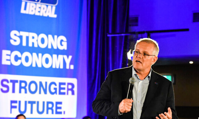 Prime Minister Scott Morrison at a Liberal Party rally on Day 13 of the 2022 federal election campaign, at Tumbi Umbi, on the NSW Central Coast, Australia, on April 23, 2022. (AAP Image/Mick Tsikas)