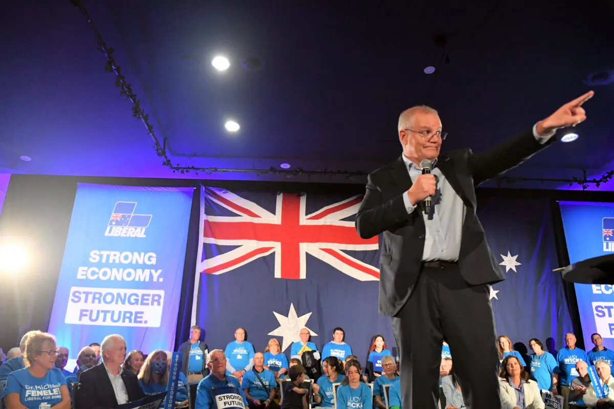 Prime Minister Scott Morrison at a Liberal Party rally on Day 13 of the 2022 federal election campaign, at Tumbi Umbi, on the NSW Central Coast, Australia, on April 23, 2022. (AAP Image/Mick Tsikas)