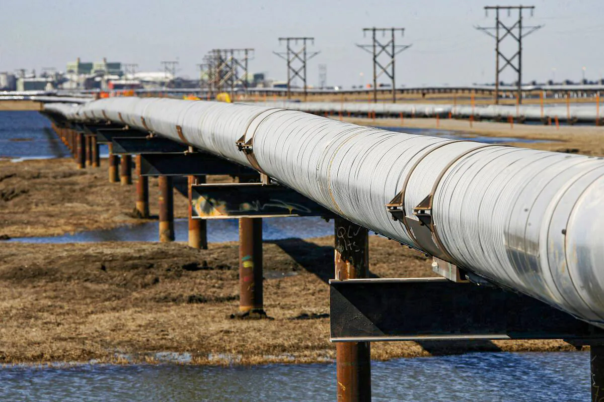 An undated photo showing an oil transit pipeline running across the tundra to a flow station at the Prudhoe Bay oil field on Alaska's North Slope. (Al Grillo, File/AP Photo)