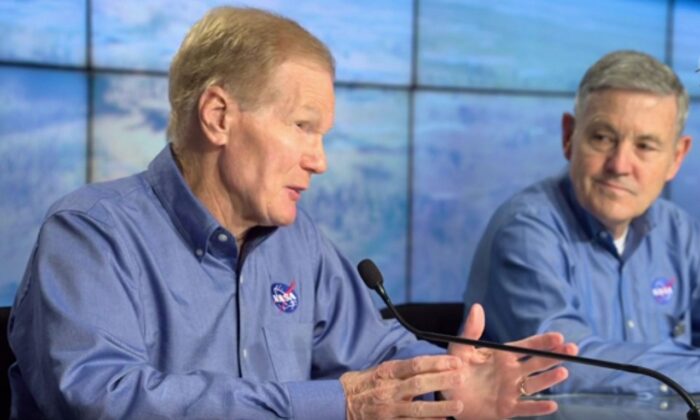 NASA Administrator Bill Nelson (L) speaks during a media briefing ahead of the SpaceX's Crew-4 launch in Cape Canaveral, Fla., on April 26, 2022. (NASA/Screenshot via The Epoch Times)