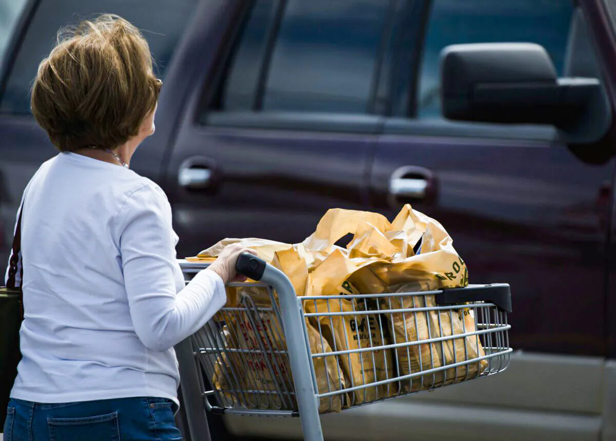 A woman leaves a store with plastic bags full of groceries in Mississauga, Ont., on Aug.15, 2019. (Nathan Denette/The Canadian Press)