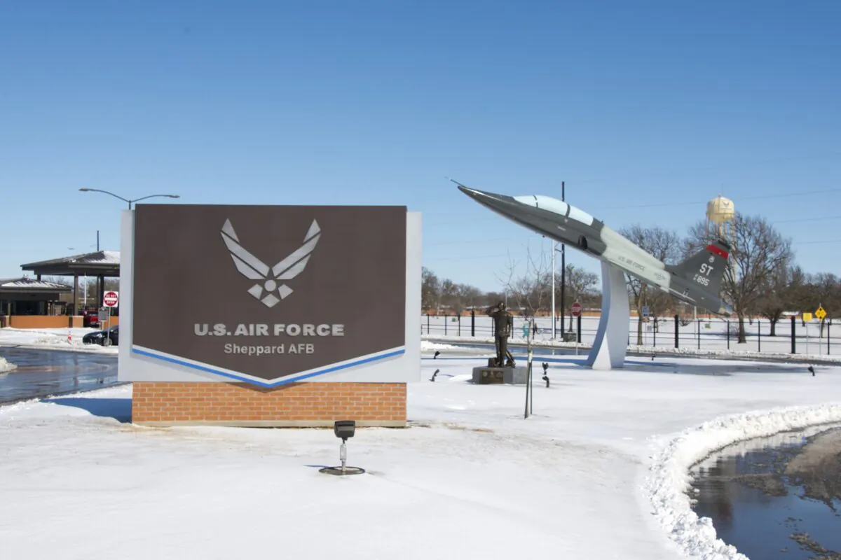 The main gate at Sheppard Air Force Base, Texas, on Feb. 4, 2022. (2nd Lt. Logan Thomas/U.S. Air Force via AP)