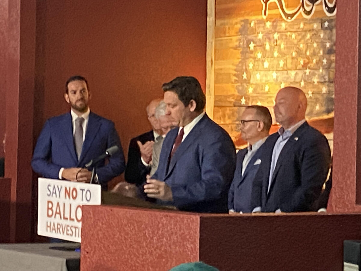 Florida Governor Ron DeSantis delivers comments at a press conference in Spring Hill, Florida on April 25. 2022.