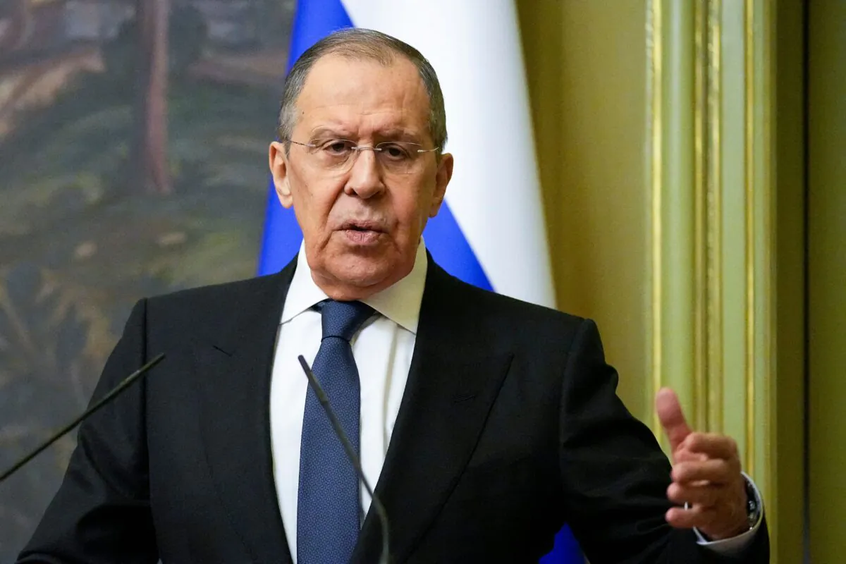 Russian Foreign Minister Sergei Lavrov gestures during a joint news conference following talks with his Armenian counterpart in Moscow, on April 8, 2022. (Alexander Zemlianichenko/Pool/AFP via Getty Images)