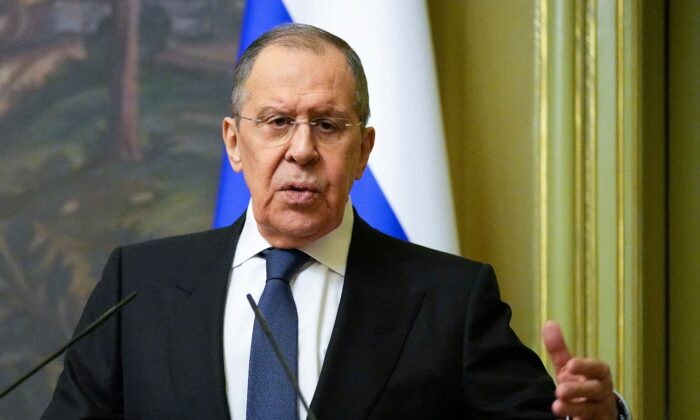 Russian Foreign Minister Sergei Lavrov gestures during a joint news conference following talks with his Armenian counterpart in Moscow, on April 8, 2022. (Alexander Zemlianichenko/Pool/AFP via Getty Images)