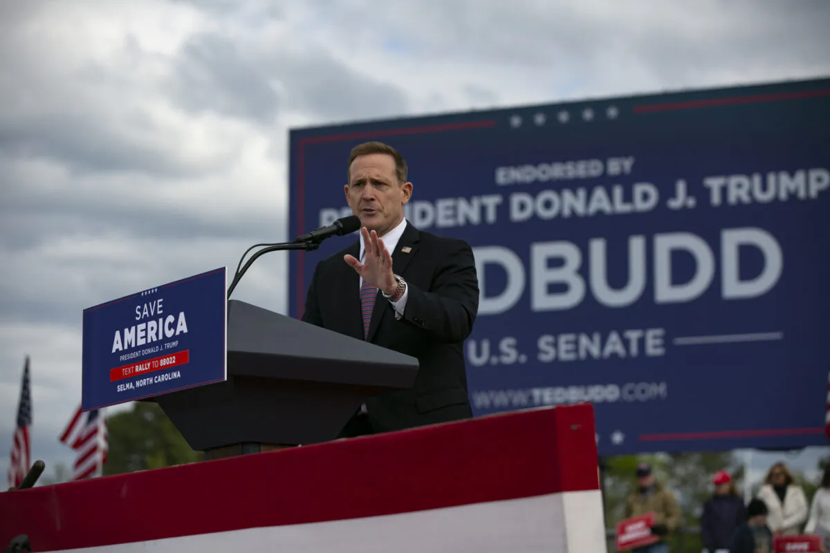 Ted Budd, who is running for U.S. Senate, speaks before a rally for former U.S. President Donald Trump at The Farm at 95 on April 9, 2022 in Selma, North Carolina. (Allison Joyce/Getty Images)