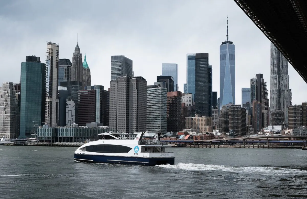 The Manhattan skyline looms over the East River in New York City on March 28, 2022. (Spencer Platt/Getty Images)