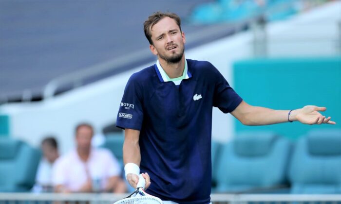 Daniil Medvedev of Russia reacts during his Men's Singles match against Jensen Brooksby on Day Nine of the 2022 Miami Open in Miami Gardens, Fla., on March 29, 2022. (Megan Briggs/Getty Images)