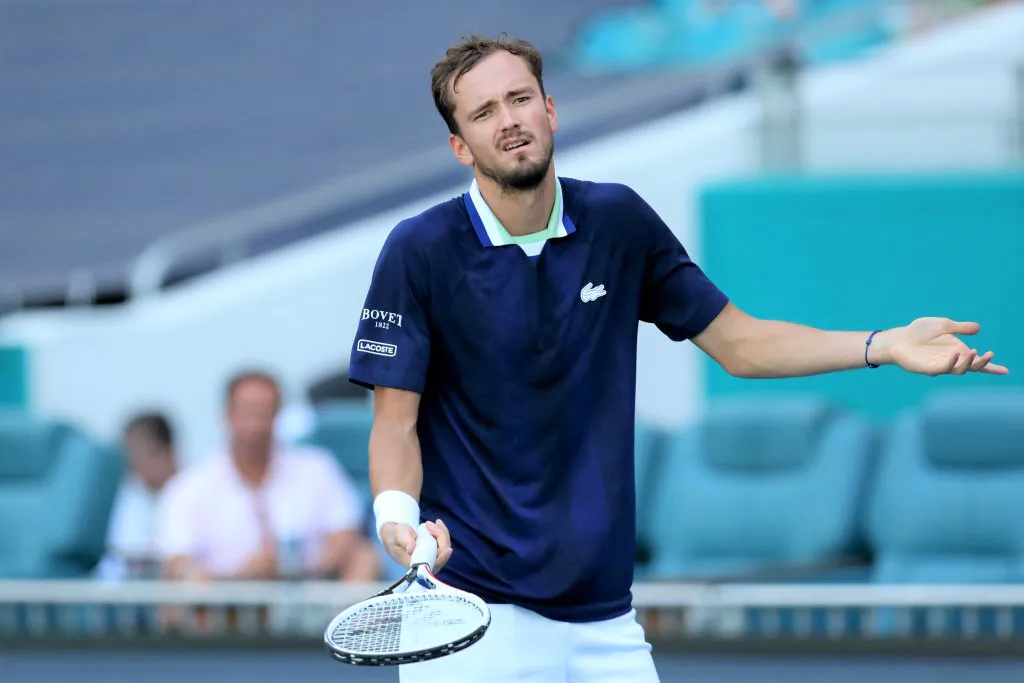 Daniil Medvedev of Russia reacts during his Men's Singles match against Jensen Brooksby on Day Nine of the 2022 Miami Open in Miami Gardens, Fla., on March 29, 2022. (Megan Briggs/Getty Images)