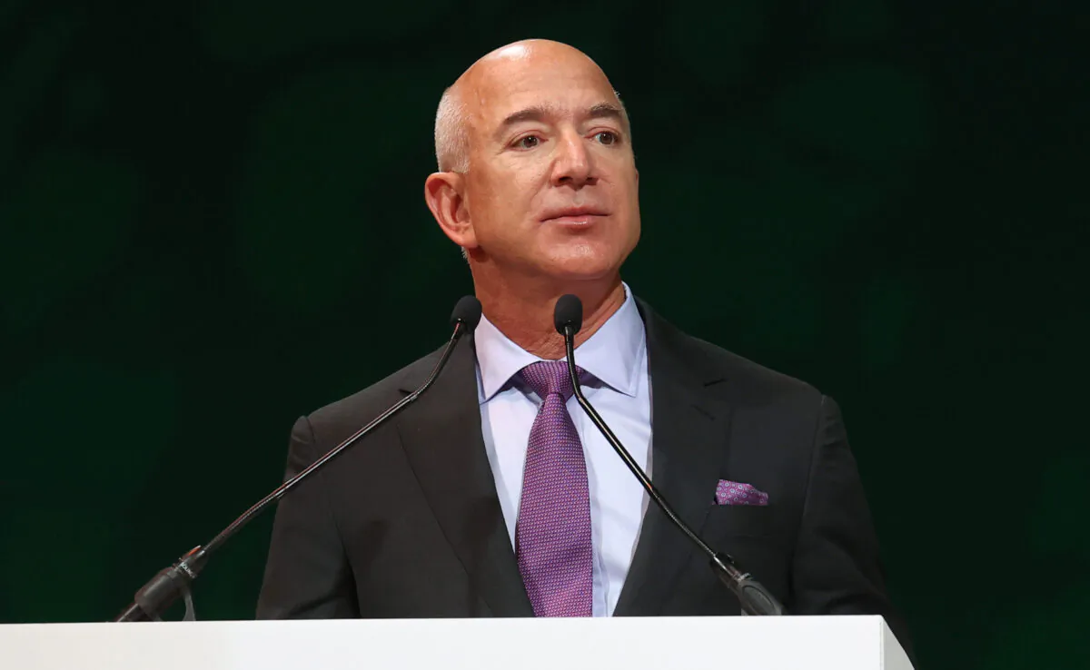 Jeff Bezos speaks during an Action on Forests and Land Use event on day three of COP26 in Glasgow, Scotland, on Nov. 2, 2021. (Chris Jackson/Getty Images)