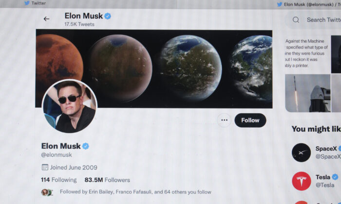The Twitter profile of Elon Musk with more than 80 million followers is shown on a computer in Chicago on April 25, 2022. (Photo Illustration by Scott Olson/Getty Images)