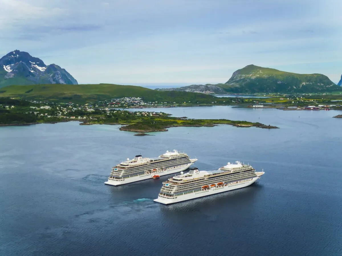 Viking Ocean Cruises' Viking Sky and Viking Sea near Leknes, Norway. (Courtesy Viking Cruises/TNS)