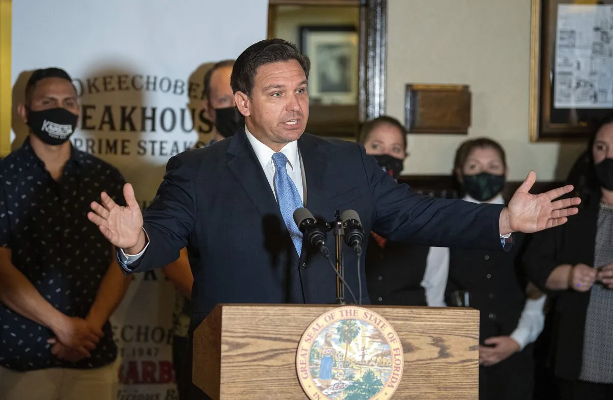 A file photo shows Florida Gov. Ron DeSantis speaks at a news conference at Okeechobee Steakhouse in West Palm Beach, Fla., on Dec. 15, 2020. (Michael Laughlin/South Florida Sun Sentinel/TNS)