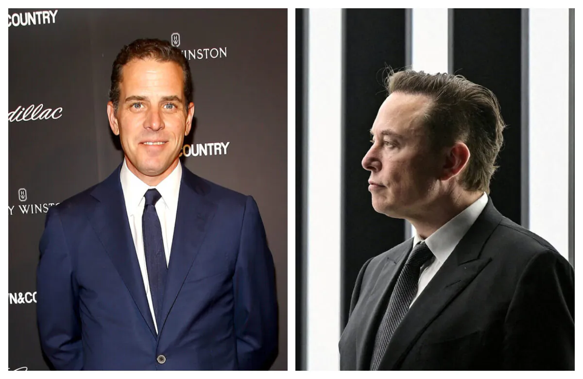 (L) Hunter Biden at Lincoln Center in New York City on May 28, 2014. (R) Elon Musk attends the opening ceremony of the new Tesla Gigafactory for electric cars in Gruenheide, Germany, on March 22, 2022. (Astrid Stawiarz/Getty Images for Town & Country; Patrick Pleul/Pool via Reuters)