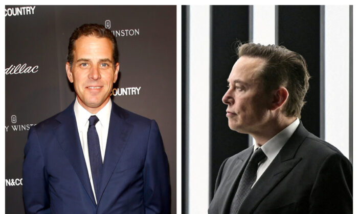 (L) Hunter Biden at Lincoln Center in New York City on May 28, 2014. (R) Elon Musk attends the opening ceremony of the new Tesla Gigafactory for electric cars in Gruenheide, Germany, on March 22, 2022. (Astrid Stawiarz/Getty Images for Town & Country; Patrick Pleul/Pool via Reuters)
