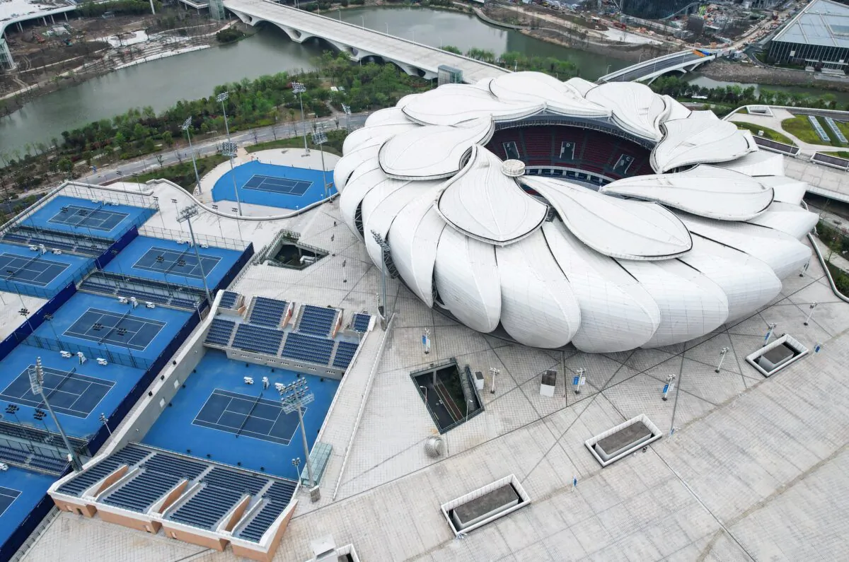 The Hangzhou Olympic Sports Center Tennis Center, a venue of the 19th Asian Games, in Hangzhou in China's eastern Zhejiang Province, on April 1, 2022. (STR/AFP via Getty Images)